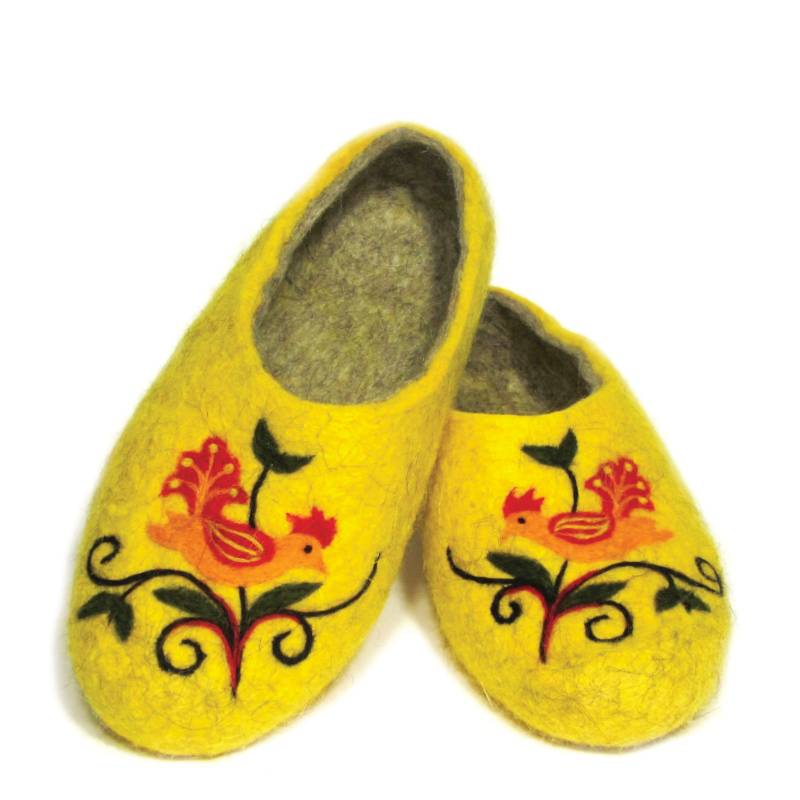 Детские войлочные тапочки желтые «Хохломская птичка», размер 18