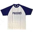 :  - Футболка мужская, белая с синими рукавами. РОССИЯ. Размер S